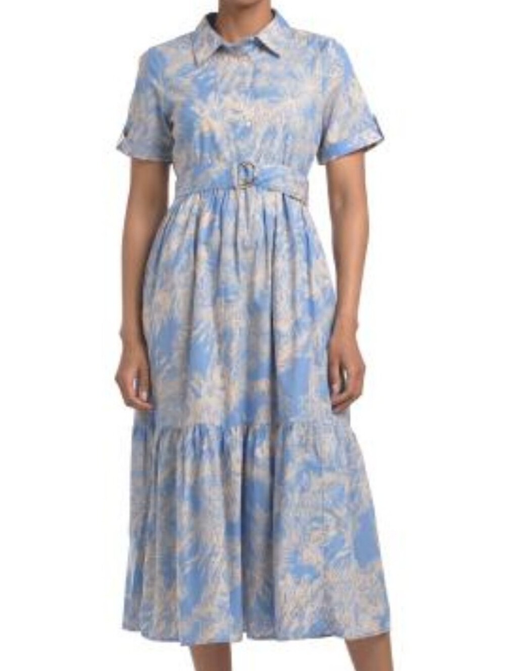 NWT - 1.State Cotton Blue & Cream Floral Gold Belted Midi Shirtdress- Size L